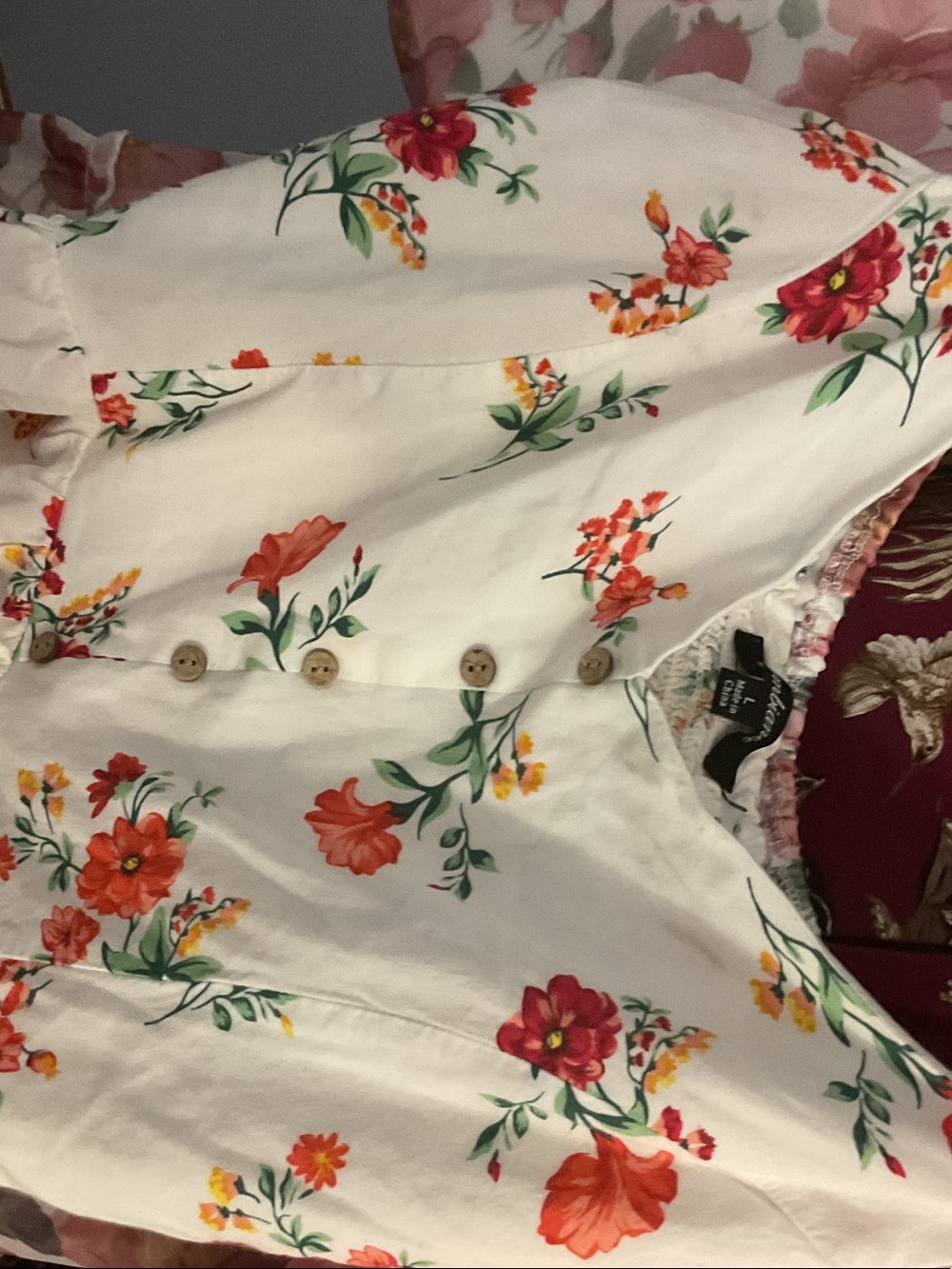 Ambiance White Floral Button-Front Top with Red & Orange Blooms